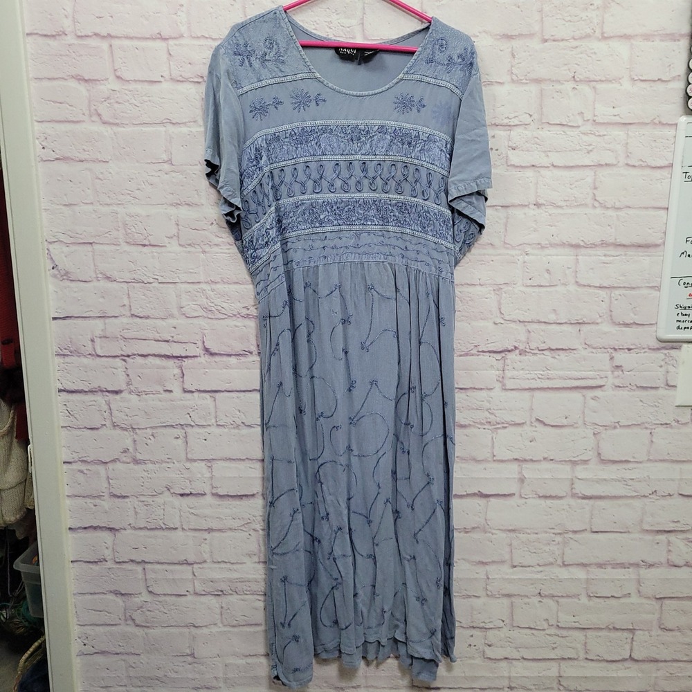 VTG Naqui New York Blue Embroidered Boho Midi Dress 3X Cottage Peasant Prairie